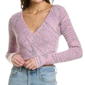 Free People Brooke Faux Wrap Long Sleeve Cropped Sweater Lilac Fog Combo